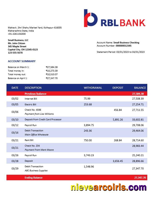 RBL Bank enterprise account statement